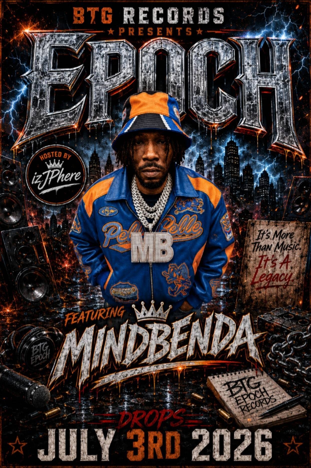 EPOCH promotional flyer with MINDBENDA in an orange and blue bucket hat