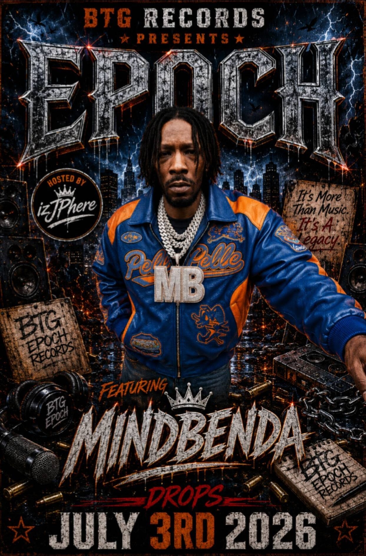 EPOCH promotional poster with MINDBENDA in a blue and orange Pelle Pelle jacket