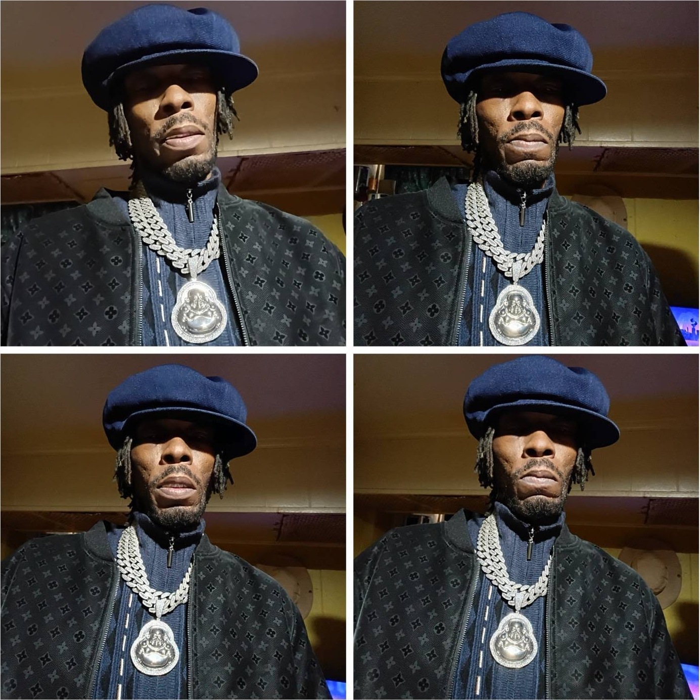 Four-panel collage of MINDBENDA in a navy newsboy cap and monogram jacket