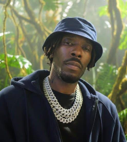 MINDBENDA in a navy bucket hat and hoodie with diamond chains in a misty forest