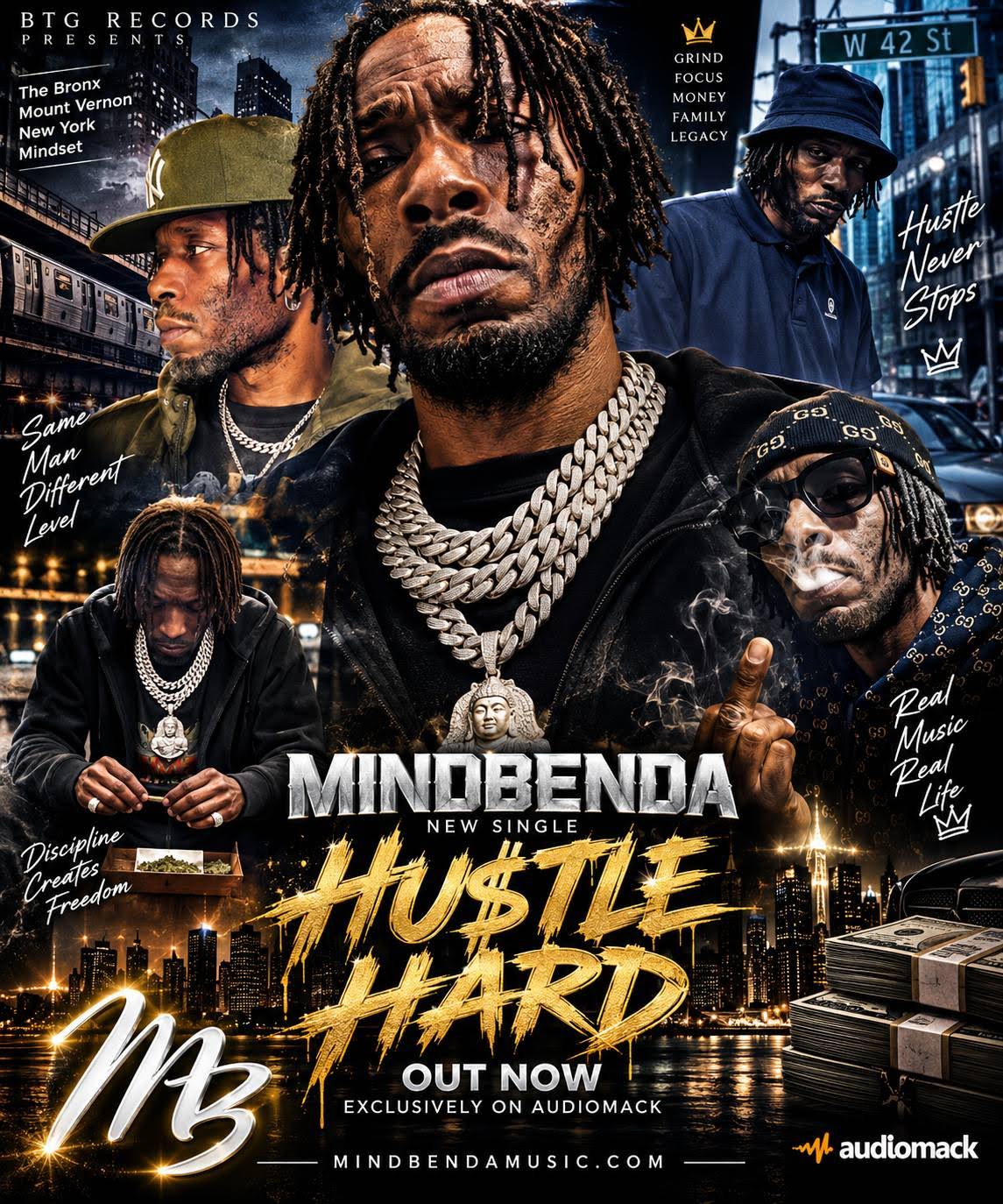 BTG Records Presents MINDBENDA — HUSTLE HARD. New single cover art, out now exclusively on Audiomack.