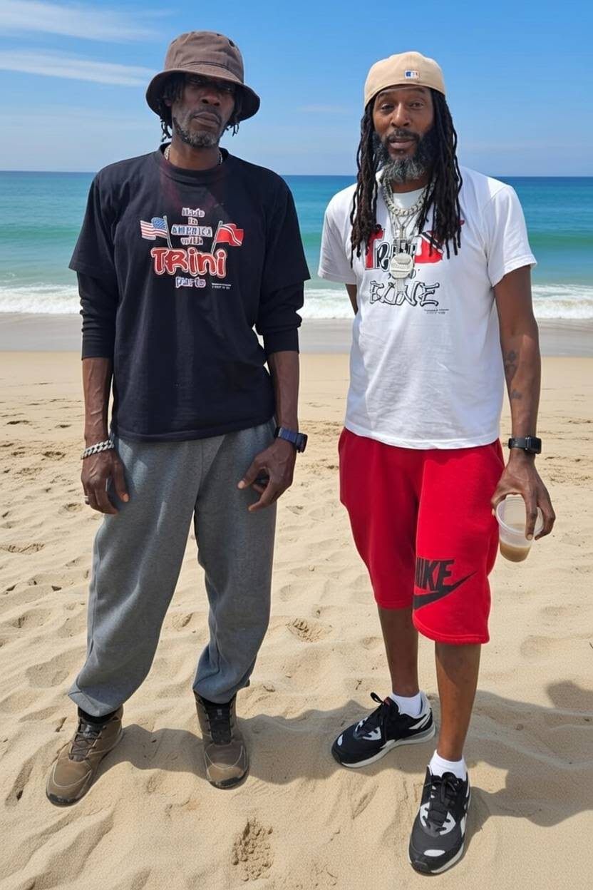 MINDBENDA with a friend on the beach in Trinidad-themed graphic tees